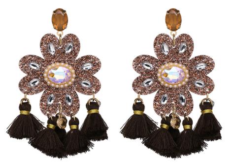 A tassel and crystal flower shape earring with tiny faux pearl beading. The main shape is glittered perspex, meaning the whole style is extremely lightweight. Can be worn all day long.