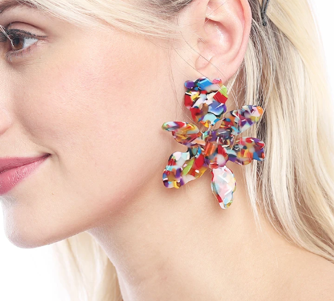  lightweight acrylic flower drop design with a stud top and vibrant geometric petals. 