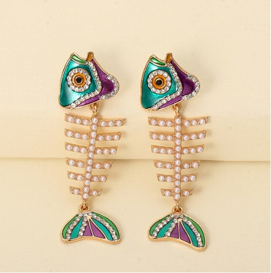 Fish drop earrings with delicate pearls and crystals, light weight and oh so fun!
