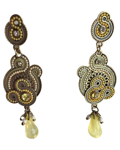 Lemon combination of beads and crystal in a pendent statement earring.