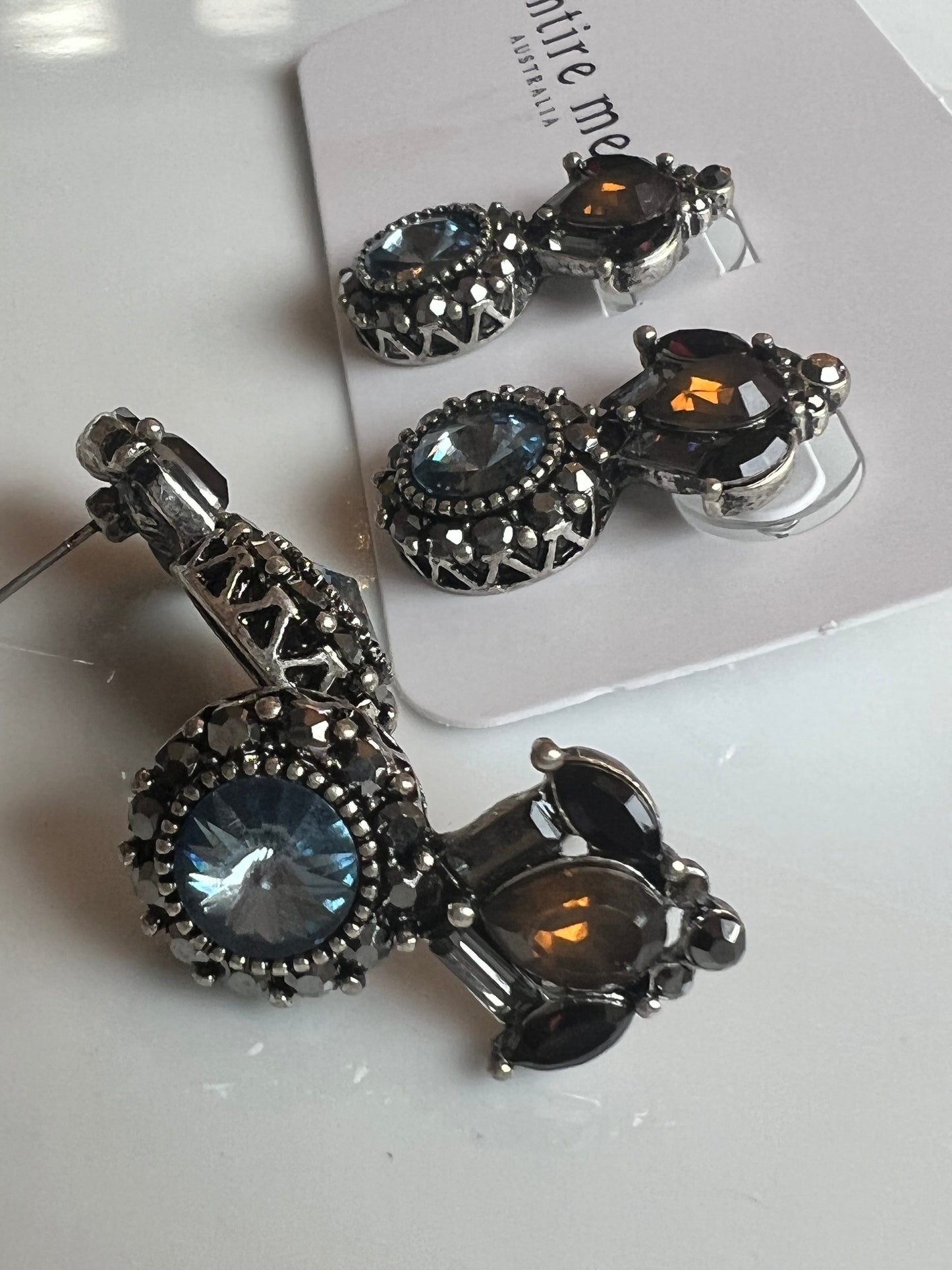 Our elegant small stud crystal drop earrings, in tones of burnt orange, black and the most divine blue.