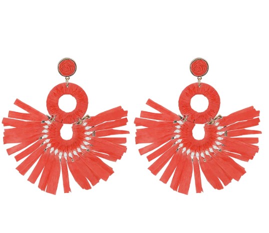 chic statement earrings feature a beaded stud and frill design, and come in vibrant shades of red or green.