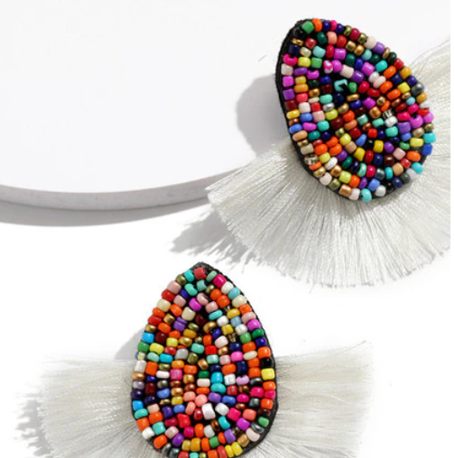 multicolored beaded Earrings with white tassels on a stud backing