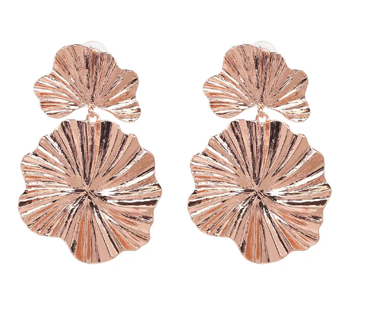 Brigid statement earrings feature a leaf-shaped dangle in gold, silver, or rose tones.