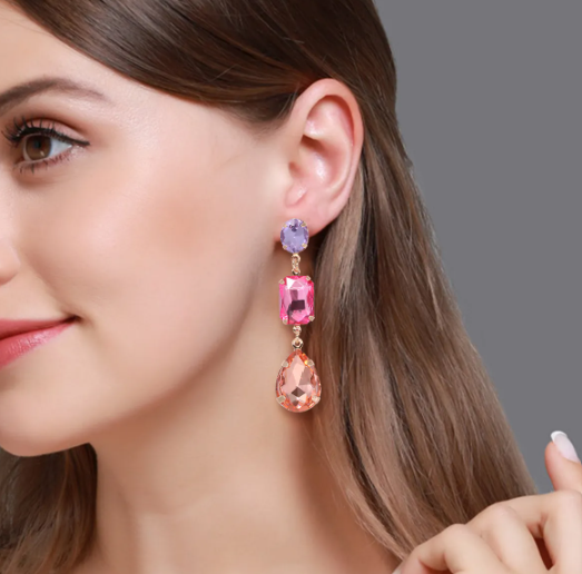 drop earrings glow in all the magical hues of purple, pink and champagne