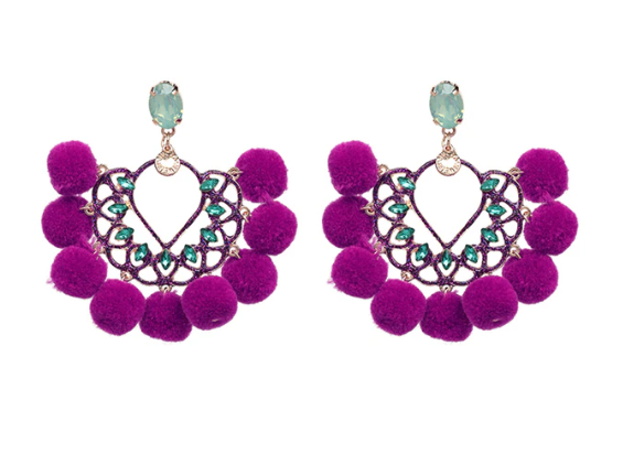 pom pom and crystal drops in pink or purple, these earrings add a bold, distinctive look.