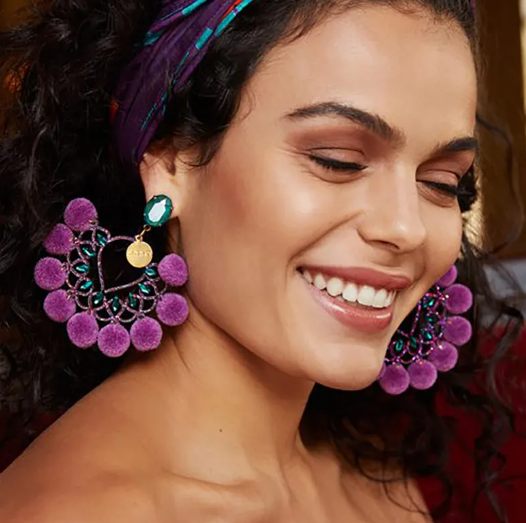 Pom Pom purple earrings, bold and bright statement earrings.