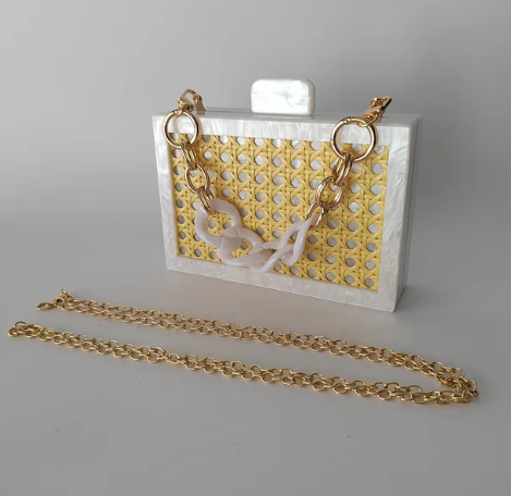 White acrylic box clutch with two straps