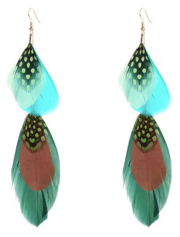 A gorgeous arrangement of flat feathers of differing colours and sizes attached to a simple metal hook and chain. A perfect way to add movement and texture to an outfit.  Extremely lightweight.