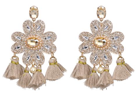 A tassel and crystal flower shape earring with tiny faux pearl beading. The main shape is glittered perspex, meaning the whole style is extremely lightweight. Can be worn all day long.