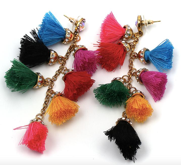 A multi layered busy tassel drop in bright bold colouring, complimented by gold and diamonte clasping. Bright and fun!