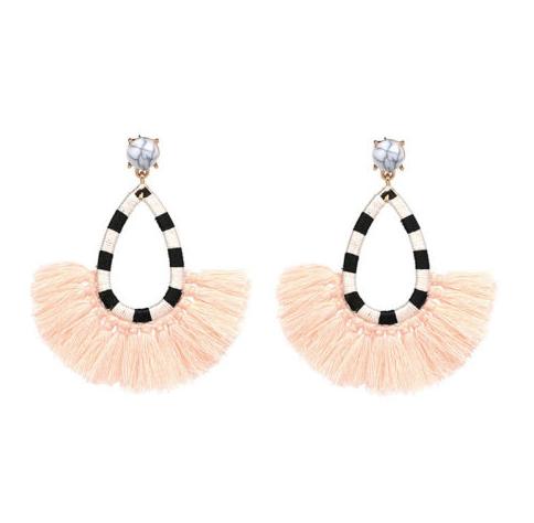 A gorgeous, fun and lightweight tassel drop earring in fun colours.  Each pair has a alternate stripe cotton frame affixed to a faux marble stud with a gold clasp.  Perfect for everyday wear.