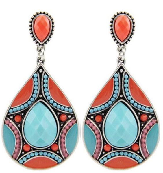 Beautifully coloured resin beaded statement earrings set out in a tiered teardrop design.  