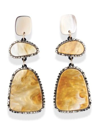 A three piece design made from marbled acrylic board in a golden coloured frame and bordered by tiny cubic zirconias.  Each earring is cut from a single piece of acrylic board, meaning each earring is unique and different.  Like you.