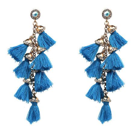 A multi layered busy tassel drop in bright bold colouring, complimented by gold and diamonte clasping. Bright and fun!