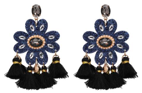 A tassel and crystal flower shape earring with tiny faux pearl beading. The main shape is glittered perspex, meaning the whole style is extremely lightweight. Can be worn all day long.