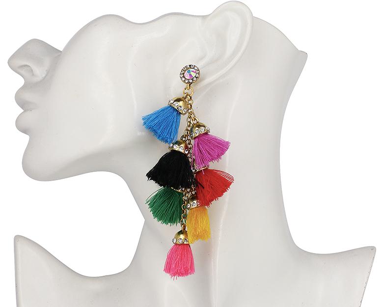 A multi layered busy tassel drop in bright bold colouring, complimented by gold and diamonte clasping. Bright and fun!