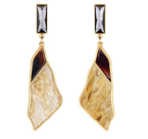 Made from marbled acrylic board in a golden coloured frame and attached to a rectangular deep grey crystal.  Each earring is cut from a single piece of acrylic board, meaning each earring is unique and different.  Like you.