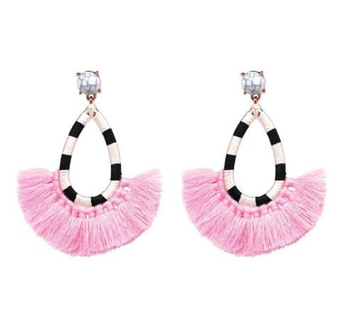 A gorgeous, fun and lightweight tassel drop earring in fun colours.  Each pair has a alternate stripe cotton frame affixed to a faux marble stud with a gold clasp.  Perfect for everyday wear.