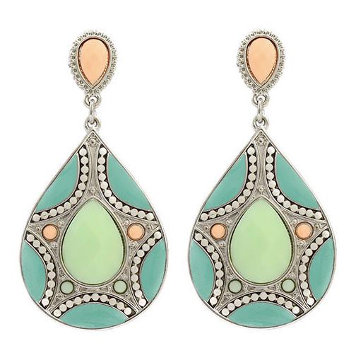 Beautifully coloured resin beaded statement earrings set out in a tiered teardrop design.  