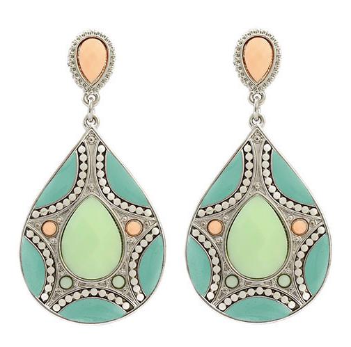 Beautifully coloured resin beaded statement earrings set out in a tiered teardrop design.