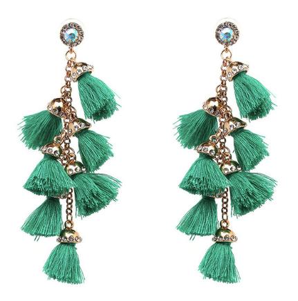 A multi layered busy tassel drop in bright bold colouring, complimented by gold and diamonte clasping. Bright and fun!