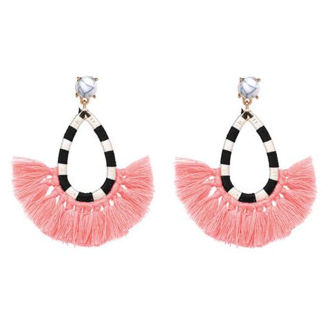 A gorgeous, fun and lightweight tassel drop earring in fun colours.  Each pair has a alternate stripe cotton frame affixed to a faux marble stud with a gold clasp.  Perfect for everyday wear.