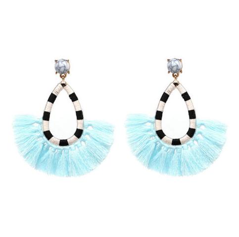 A gorgeous, fun and lightweight tassel drop earring in fun colours.  Each pair has a alternate stripe cotton frame affixed to a faux marble stud with a gold clasp.  Perfect for everyday wear.