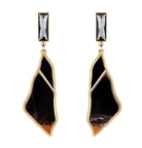 Made from marbled acrylic board in a golden coloured frame and attached to a rectangular deep grey crystal.  Each earring is cut from a single piece of acrylic board, meaning each earring is unique and different.  Like you.