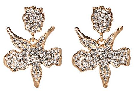 An abstract flower design earring in a GOLD setting and encrusted in clear crystal gems.