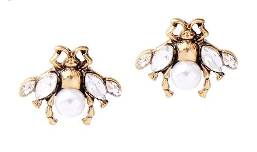 A small and intricate bug stud earring in vintage gold, faux pearl and clear crystals. The detailing on the little bug is just gorgeous. 