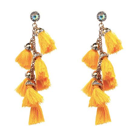 A multi layered busy tassel drop in bright bold colouring, complimented by gold and diamonte clasping. Bright and fun!