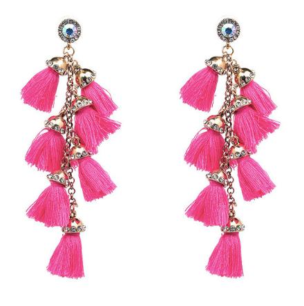 A multi layered busy tassel drop in bright bold colouring, complimented by gold and diamonte clasping. Bright and fun!