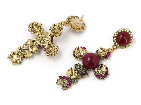 gold coloured dainty leaf cross with resin studs with pink and blue embellishments