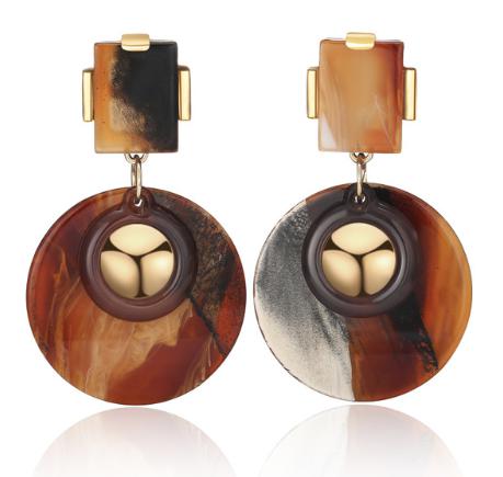 A two piece circular and rectangle design made from marbled acrylic board, held by a golden clasp.  Each earring is cut from a single piece of acrylic board, meaning each earring is unique and different....Like you.