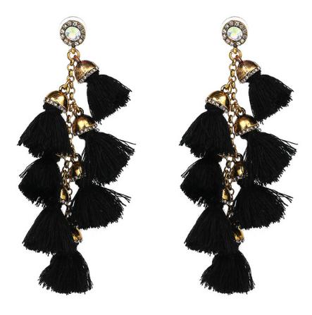 A multi layered busy tassel drop in bright bold colouring, complimented by gold and diamonte clasping. Bright and fun!