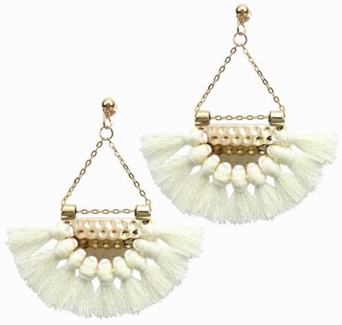 A simple and lightweight cotton tassel drop earring with pressed metal and chain detailing.  