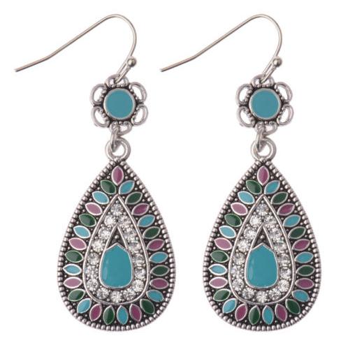 A pretty enamel and crystal teardrop statement earring on lightweight alloy frame.