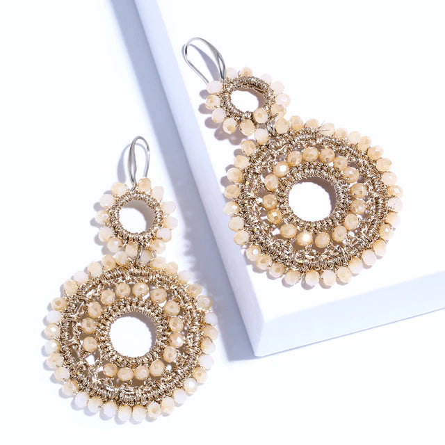 brown cotton fringed beaded pendant statement earrings.