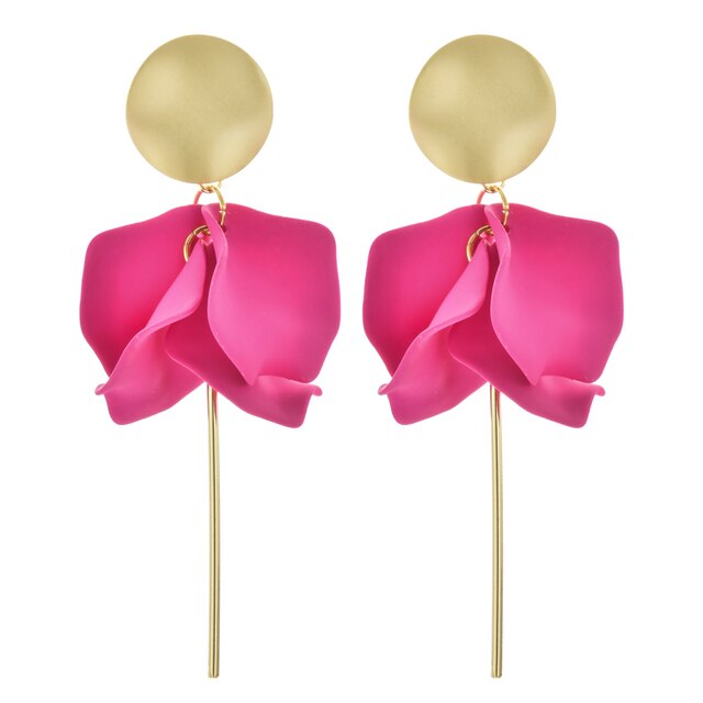 Hot pink petal large bohemian dangle statement stud backed earrings and  lightweight