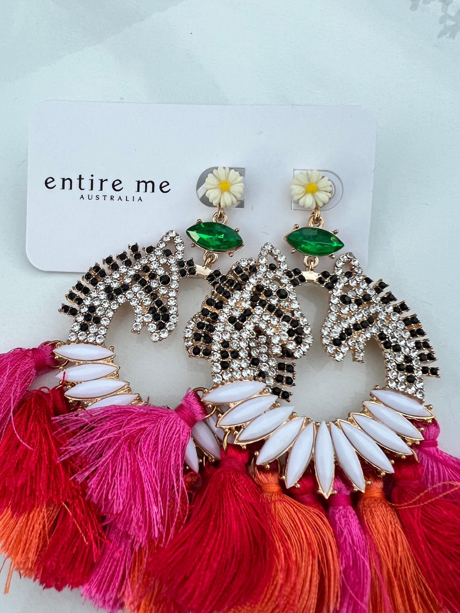 For the horse enthusiast, Tiffany earring is a vibrant combination of crystals and tassels.  The ultimate fun statement earring.   Care is required to maintain the tassel shape, trimming of tassels may be required with wear.  Tiffany is a heavier style of earing, suitable for event wear.  
