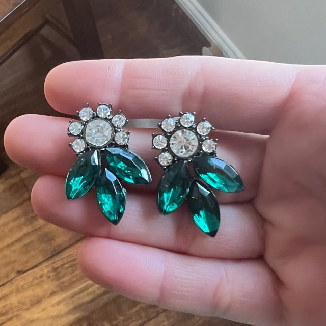 Emerald Green crystal flower petal stud earring set in vintage black clasping. Very lightweight!