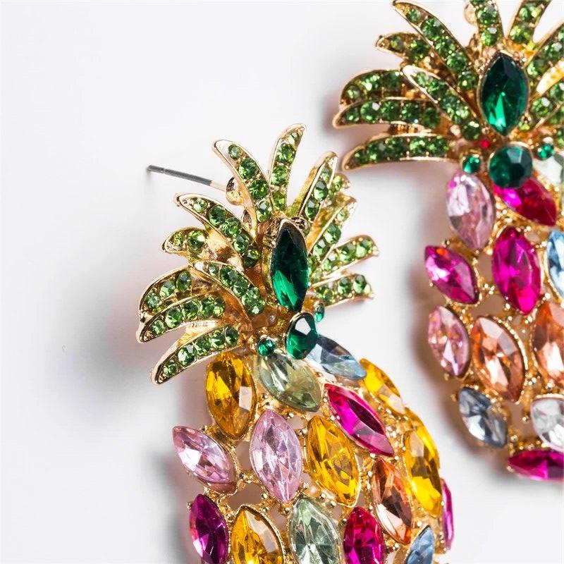 Pineapple crystal stud drop statement earrings in bright bold fun party colours! 