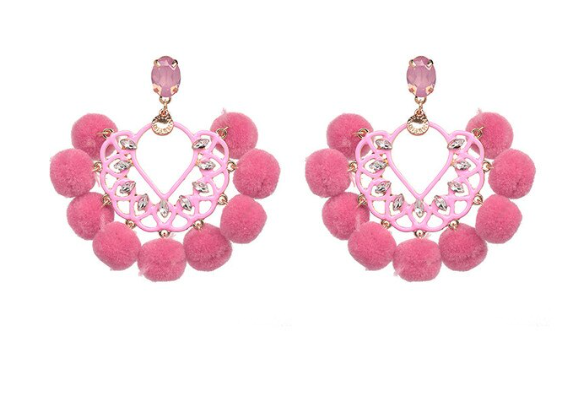 pom pom and crystal drops in pink or purple, these earrings add a bold, distinctive look.