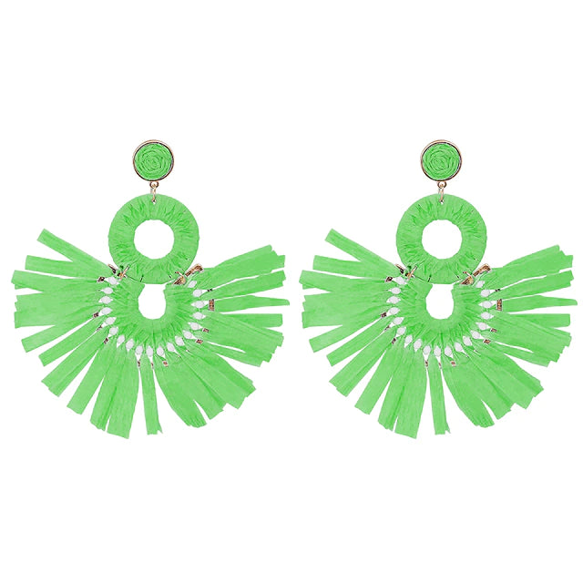 chic statement earrings feature a beaded stud and frill design, and come in vibrant shades of red or green.