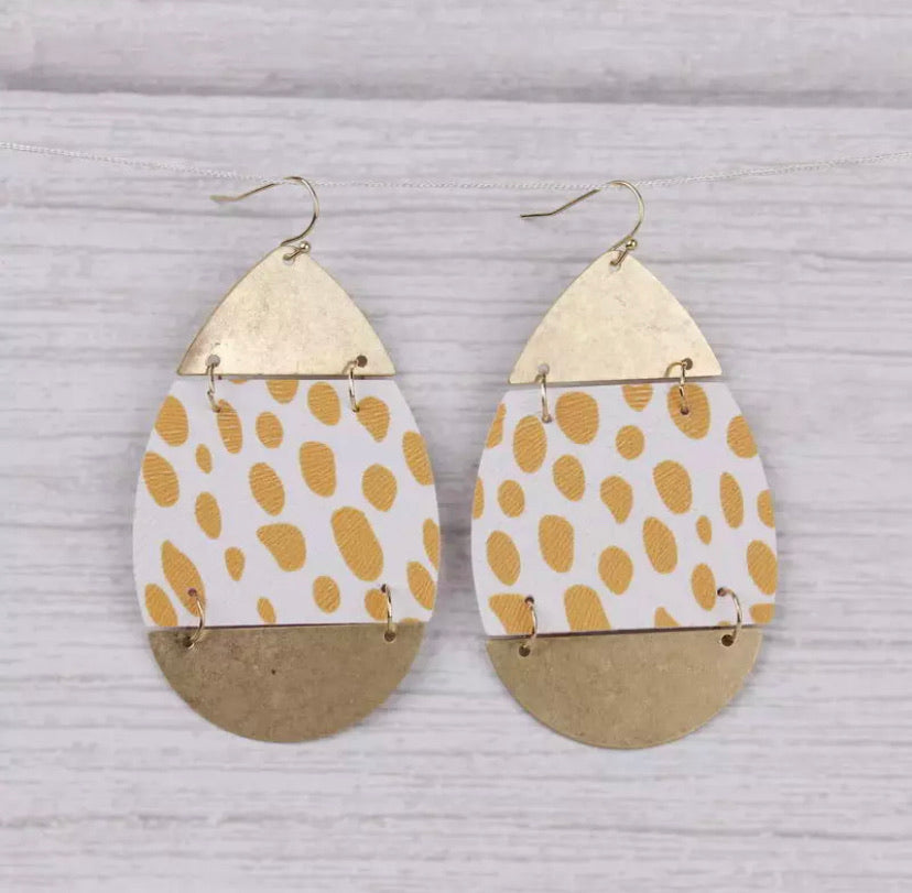 A gold faux hide oversized drop in a fun, colourful design and super lightweight for all day.