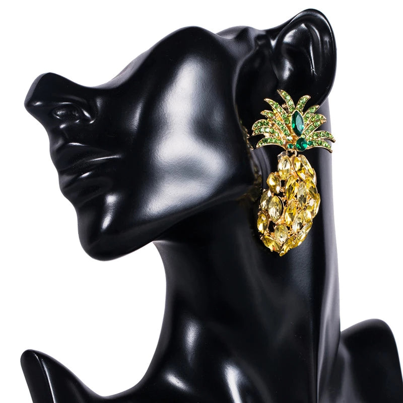 Pineapple crystal stud drop statement earrings in bright bold green & yellow
